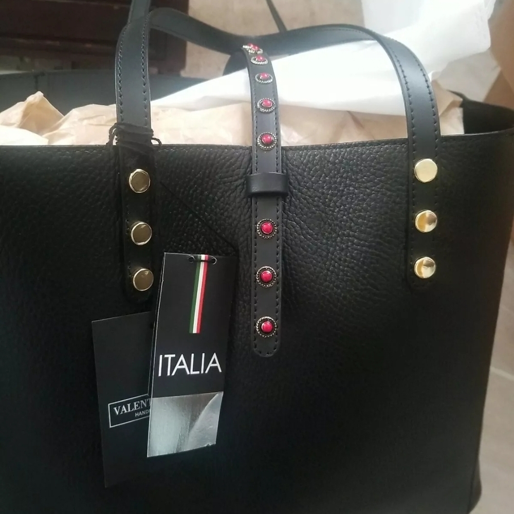 SOLD Valentina Fiore Black Leather Tote Bag
